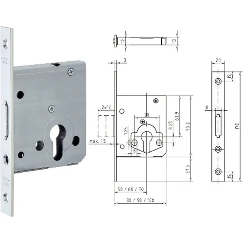 Riegelschloss 143, PZ DM 60mm, Stulp eckig 170x20x3mm, Silber, LS/RS