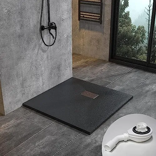 Duschwanne 140x80 cm SMC Brausewanne schwarz Steinoptik Antirutsch Duschtasse Höhe 3,2 cm Niedrige Schwelle Extraflach Brausetasse mit Edelstahl-Abflussrinne und Ablaufgarnitur Ø 90 mm
