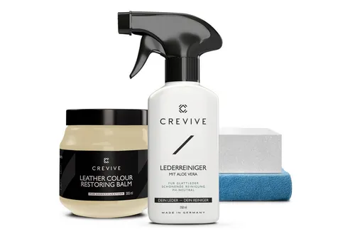 CREVIVE Lederpflegeset 4-teilig – Effektive Lederreinigung und -pflege - Vielseitiges Lederpflegeset mit 300 ml Balsam und 250 ml Reiniger für die gründliche Pflege von Glattleder. Ideal für Möbel, Autos und Bekleidung. Hält Lederstücke in bestem Zustand und verlängert deren Lebensdauer.