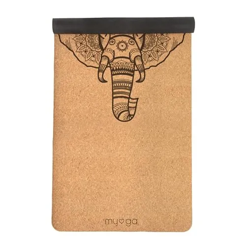 Myga XL Kork Yogamatte | 200 cm x 70 cm | Rutschfest, Wäremeregulierend & Leicht zu Tragen – 6 mm Dicke | Ideal für Yoga, Pilates, Meditation & Fitnessübungen | Elefanten Design | Naturkork