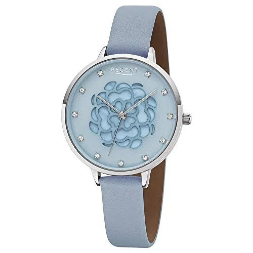 Modische REGENT Damenarmbanduhr BA-492 - Armbanduhren für Damen mit floralem Zifferblatt, 12 Straßsteinen und elegantem Kunstlederband – perfekt für stilbewusste Frauen!