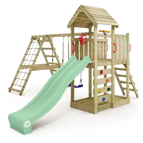 Wickey Spielturm RocketFlyer – Klettergerüst mit Rutsche & Doppelschaukel - Schaukeln, Klettern & Rutschen im eigenen Garten! Robuste Bauweise aus kesseldruckimprägniertem Holz mit 10 Jahren Garantie – ideal für abenteuerlustige Kinder ab 3 Jahren.