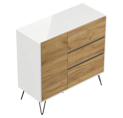 Lomadox Sideboard INDIANAPOLIS-02, 99cm breit, weiß Hochglanz mit Eichee, grifflos