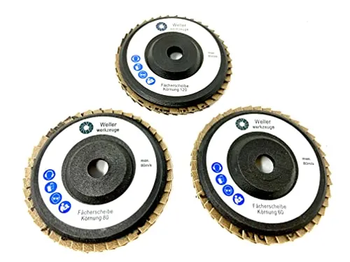WELLERWERKZEUGE | Fächerscheiben SET Körnung:60/80/120 76x10mm passend für mini Akku Winkelschleifer wie Bosch GWS 10,8V 12V für Stahl Holz Kunststoff (3)