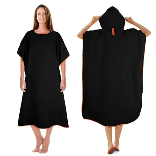 KUOGAS Badeponcho Damen & Herren,Mikrofaser-Surf Poncho, Badeponcho Handtuch, aus Mikrofaser auch als Umkleidehilfe Strand (Schwarz, 01-Medium)