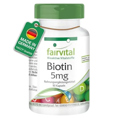 Fairvital | Biotin 5mg - 90 Kapseln - mit 5000mcg Vitamin B7 pro Kapsel - HOCHDOSIERT - laktosefrei - VEGAN
