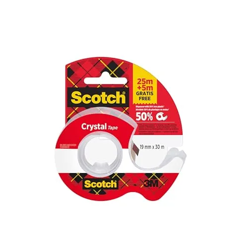Scotch Crystal Klebeband, 19mm x 25 m, 1 Rolle auf Handabroller/Packung + 5 m GRATIS