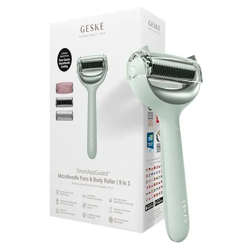 GESKE SmartAppGuided™ MicroNeedle Face & Body Roller 9 in 1 - Gesichtsroller mit innovativer DeepDerma Technologie für Hauterneuerung und Straffung. Inklusive Rosenquarz- & Kühlaufsatz für eine revitalisierte Haut.