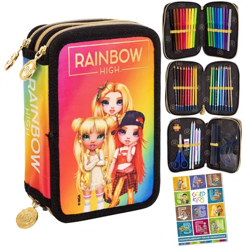 Federtasche Rainbow High Golden Style 46-teilig - Dreifache Federmappe, gefüllt mit 46 Teilen für Schule und Freizeit. Ideal für Schüler mit viel Platz und einem coolen Design!