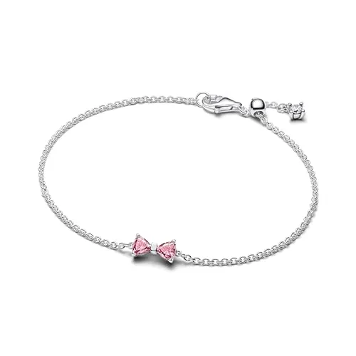 PANDORA Timeless Schleife Kettenarmband - Armband für Damen aus Sterling-Silber, verziert mit rosafarbenen und klaren Zirkonia für einen verspielten Look. Handgefertigt und ideal, um deinem Outfit einen Hauch von Eleganz zu verleihen.