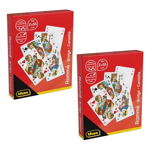 Idena 90376 - Spielkarten für Rommé, Canasta und Bridge, Version 2 - 5 Stück, 2 Packungen mit je 2 x 55 Karten mit französischem Blatt, Kartenspiel für 2-6 Spieler ab einem Alter von 6 Jahren