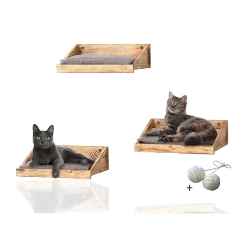 Rohrschneider Katzen-Kletterwand: Katzen Kletterstufe mit Kissen - Kratzbäume, stilvolles Wandelement aus Holz mit 3 Ebenen und gemütlichen Liegemulden für aktives Spielen und Entspannen Ihrer Katze.