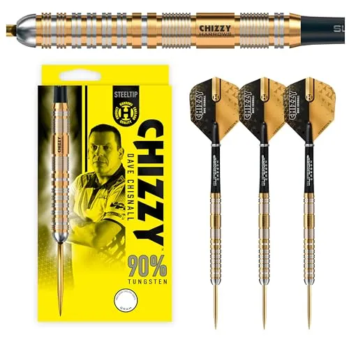 Harrows Dave Chizzy“ Chisnall 90% Tungsten Darts | Pro Player Steel Tip Darts-Set | 21g, 22g, 23g, 24g, 25g & 26g | Enthält Supergrip-Carbonschäfte und 100-Mikron-Chizzy-Flights (22g)
