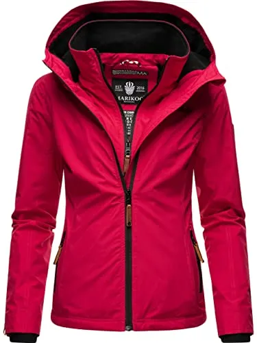 MARIKOO leicht gefütterte Damen Übergangsjacke kurze Sommerjacke mit kuscheligem Fleece-Innenfutter und großer Kapuze Erdbeere Fuchsia Gr. XS