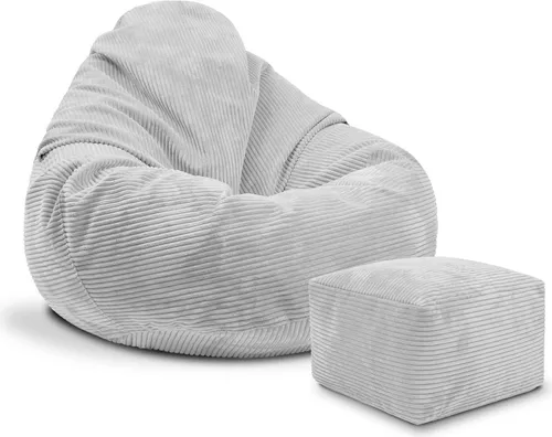 Dreamroots Sitzsack mit Fußhocker, Cool Gray 90x90x100 cm - Klassische Sitzsäcke, ideal für Wohnzimmer und Garten, leicht transportierbar mit robustem Kordsamt und zusätzlicher Fußstütze für optimalen Komfort.