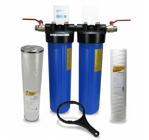 Hauswasserfilter Brunnenfilter 20 Zoll Big Blue mit Sediment- und Eisenfilter - Effizienter Hauswasserfilter für Brunnenwasser mit 20 Zoll Big Blue System. Reduziert Eisenverfärbungen und sorgt für sauberes Wasser – perfekt für den täglichen Einsatz.