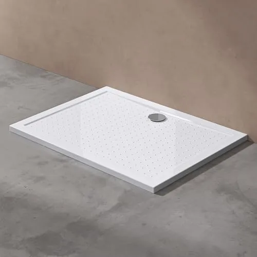 doporro Duschtasse Duschwanne Lucia02 75x100x4 - Elegante Duschwanne in Weiß mit Anti-Rutsch Profil und DIN-Anschlüssen für bodenebene Montage, ideal für sicheres Duschen.