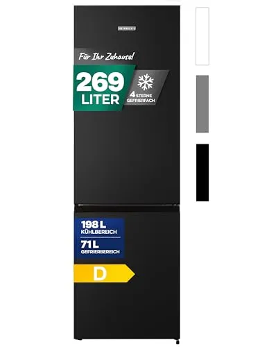Heinrich's Kühlgefrierkombination 269 Liter - Kühlschrank mit 198L Kühl- und 71L Gefriervolumen, energieeffizient mit nur 168 kWh/Jahr, leise bei 39 dB und ausgestattet mit LED-Beleuchtung für optimale Sicht.