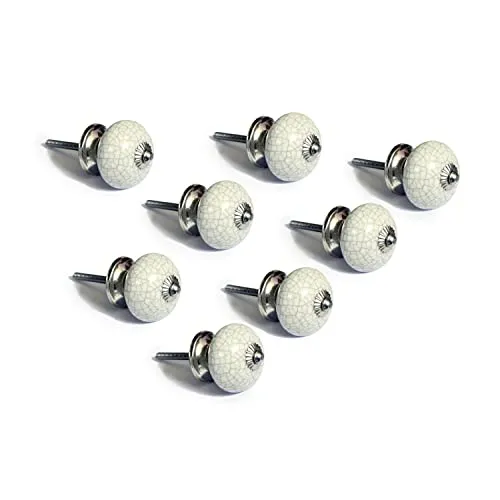 Set von 8 Keramikknöpfen in Weiß, handbemalt mit verschiedenen Designs. Handgefertigte Griffe für Schränke, Schubladen, Kommoden und Kleiderbügel. Klassische Knöpfe mit 40 mm Durchmesser.
