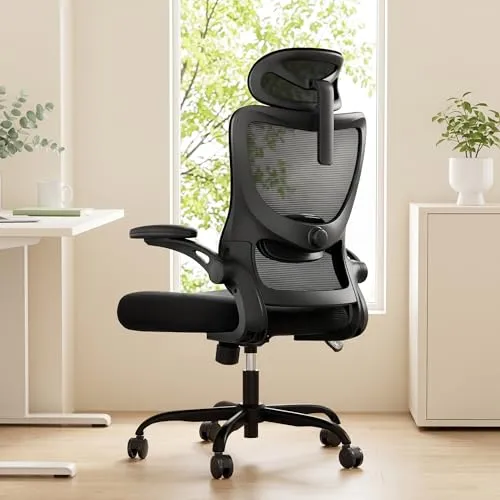 Marsail Bürostuhl Ergonomisch Schreibtischstuhl hat Verstellbarer Lordosenstütze Kopfstütze und Armlehne Höhenverstellung und Wippfunktion, Schwarz
