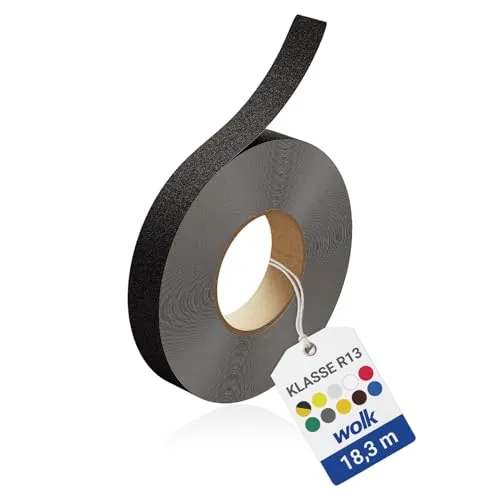 wolk Antirutsch Klebeband R13 Schwarz (25,0 mm x 18,3 m) – Selbstklebendes Anti-Rutschband für Treppen, Rampen & Böden – Rutschhemmung nach BGR 181 – Innen & Außen, extrem belastbar