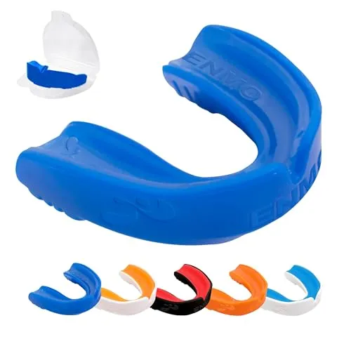Enmo Maxilla Gel-Mundschutz, mit Etui, Erwachsene und Kinder ab 10 Jahren, Breathing Channel-Technologie, Boil and Bite, Bequem, Antimikrobiell, für alle Kontaktsportarten, Blau/Weiß