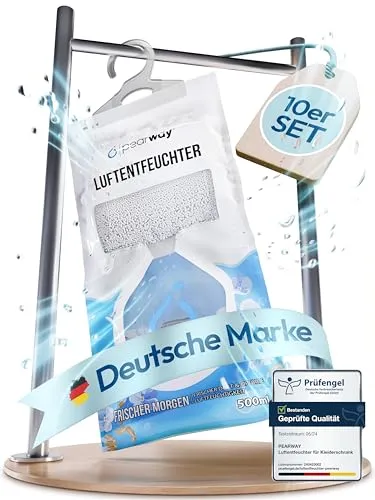 PEARWAY 10x XL 500ml Luftentfeuchter Beutel zum Aufhängen gegen Feuchtigkeit, Schimmel und Gerüche im Kleiderschrank und an feuchten Fenstern