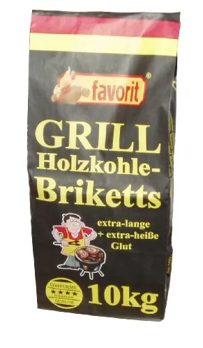 Favorit 3001 Holzkohle-Briketts 10 kg - Holzkohle für Grill und BBQ mit hohem Energiewert und langer Glühdauer, sorgt für gleichmäßige Hitze und weniger Nachlegen. Qualitätsgeprüft nach DIN und hergestellt in Deutschland.