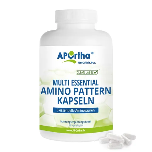 APOrtha Multi Essential Amino Pattern – 300 Kapseln mit 8 Aminosäuren - Protein Shakes & Muskelaufbau, All-In-One Produkt mit 8 essentiellen Aminosäuren für optimale Muskelregeneration und -aufbau, hergestellt in Deutschland.