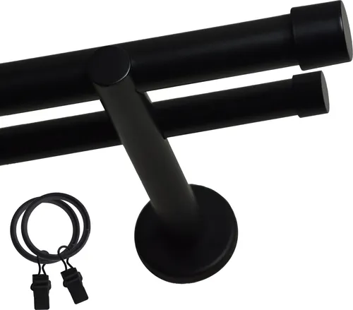Voppi Gardinenstange Loft 2-läufig 160 cm 19+19 mm schwarz, silent Vorhangringe mit Klammern, moderne Vorhangstange, einfache Wandmontage