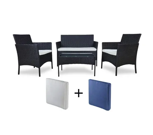 VORTIVO Gartenlounge-Set aus PE-Polyrattan für 4 Personen - Elegantes 4-teiliges Gartenmöbel-Set aus wetterfestem Polyrattan, inklusive austauschbarer Kissenbezüge in Weiß und Blau – perfekt für stilvolles Entspannen auf Balkon, Terrasse oder im Garten.