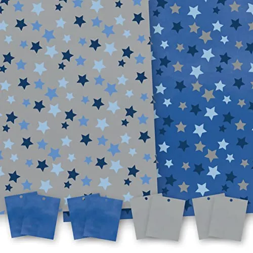 Geschenkverpackung. Blue & Silver Star Twin-Designpaket. 8 XL-Blätter (50 x 70 cm), 4 von jedem Design. Geschenkpapier mit passenden Anhängern. Schneidgitter auf der Rückseite.