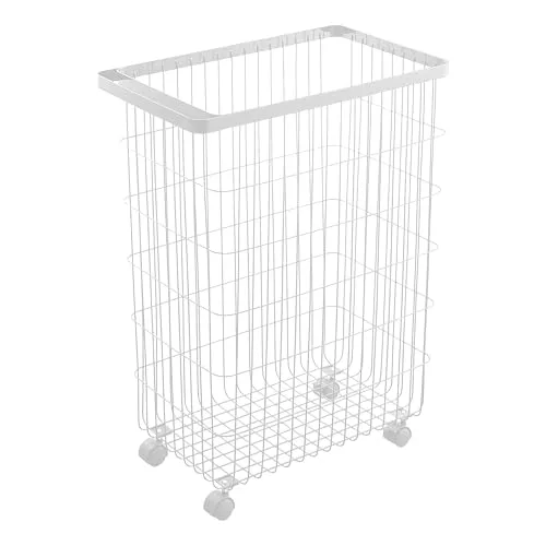 Yamazaki Wäschekorb mit Rollen, Weiß - Wäschesammler aus robustem Metall, luftdurchlässig für schnelles Trocknen, mit 4 Rollen für rückenschonenden Transport - ideal für modernes Wohnen.