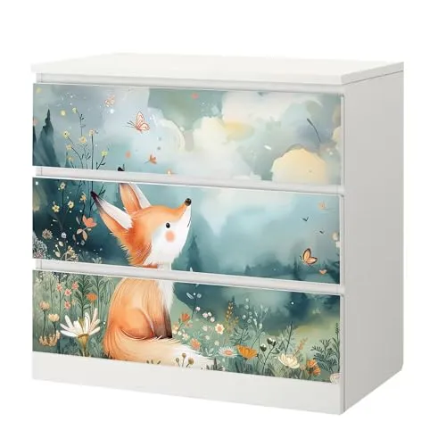 Sunnywall® Möbelfolie passend für IKEA Malm Kommode Schrankfolie Aufkleber mit Fuchs auf Wiese Motiv | blasenfrei verkleben | Kinderzimmer 3er 80 cm