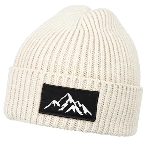 Neverless® Damen Beanie Outdoor Patch Berge Wnadern Aufdruck Print Wintermütze Strickmütze Frauen Beige Unisize