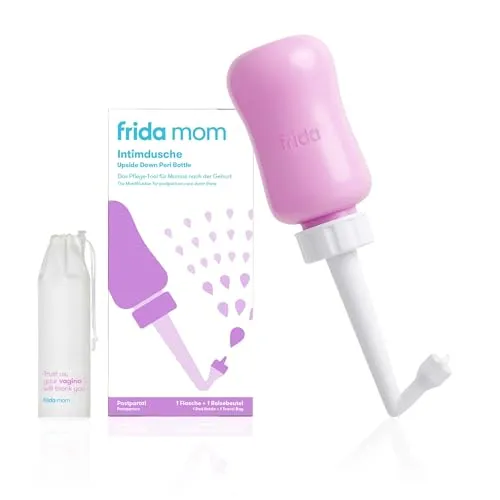 Frida Mom Wochenbett Intimdusche | Peri-Flasche für sanfte Intimpflege nach der Geburt | Ergonomisch, 300 ml, kopfüber nutzbar | Mit wasserdichter Tasche | Für Klinik & Kaiserschnitt geeignet