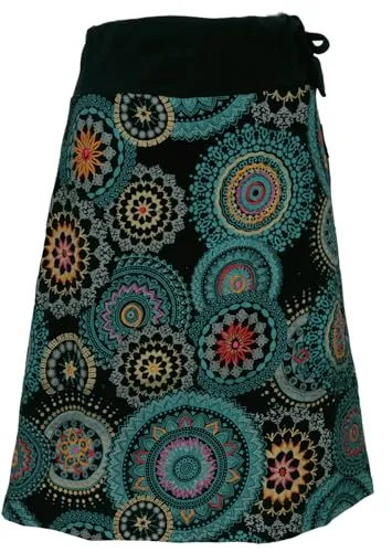 GURU SHOP Bestickter Knielanger Rock - Boho Chic Retro Mandala in Petrol - Damen Rock im Boho Chic Stil, handgefertigt mit einzigartiger Stickerei, figurschmeichelnde A-Linie und breitem Bund für optimalen Tragekomfort.