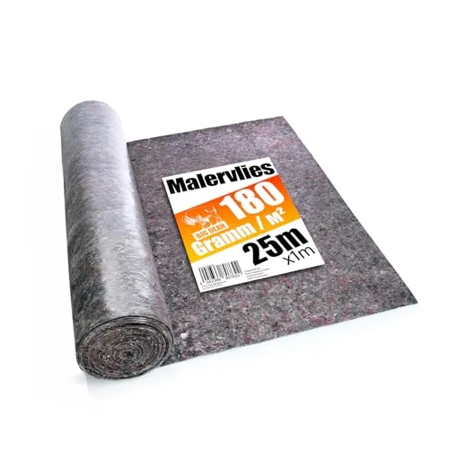 BigDean Premium Malervlies 25m x 1m – Wiederverwendbares Abdeckvlies mit Durchsickerungsschutz - VIELSEITIG EINSETZBAR: Ideal für Maler- und Bodenbelagsarbeiten, schützt zuverlässig vor Schmutz. Die rutschfeste Unterseite bietet Sicherheit. Mit 180g/m² ist es langlebig und mehrfach verwendbar – die perfekte Wahl für jedes Projekt.