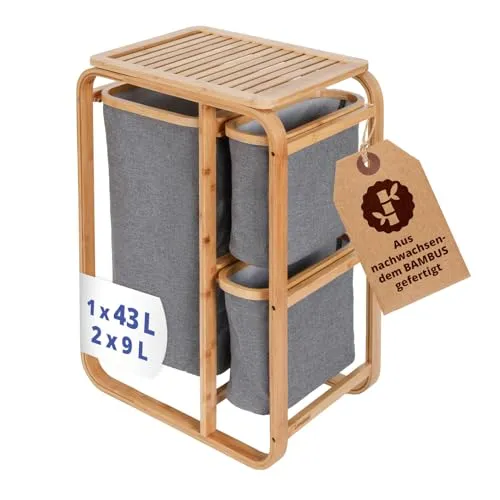 Lumaland Wäschekorb aus Bambus mit 3 Wäschesäcken - Wäschekörbe mit 3 abnehmbaren Wäschesäcken, stilvoll aus hochwertigem Bambus, flexibel und praktisch für jedes Zuhause.