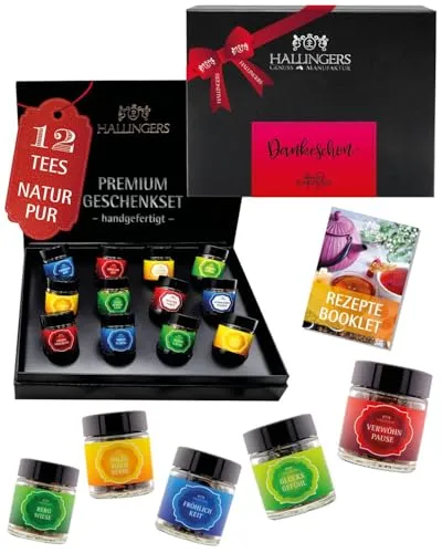 Hallingers Genuss Manufaktur Tee Geschenkset Dankeschön - 12 Sorten Premium loser Tee im Glas in edler Geschenkbox, vegan & glutenfrei, Tee Set 