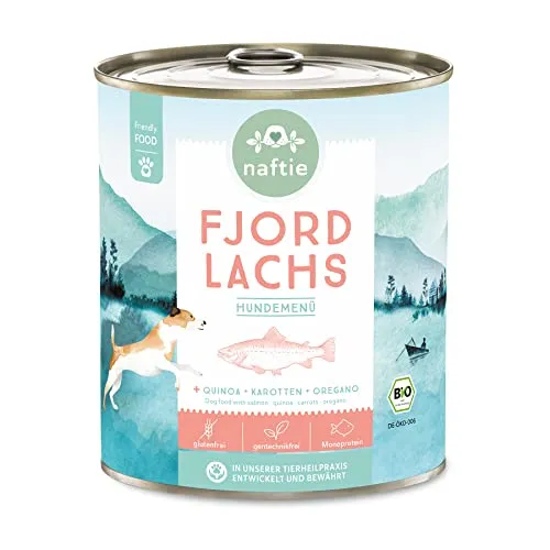 naftie Bio Hundefutter Fjord Lachs - Premium Nassfutter Menü mit Lachs-Fisch & Quinoa - getreidefrei glutenfrei - purinarm - Diät-Futter - 800g Dose