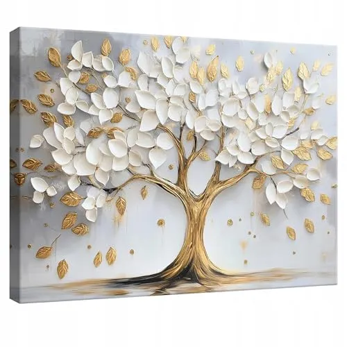 WallArena - Leinwand Bilder - Baum - 100x70 cm Leinwandbilder - Bild auf leinwand - Wandbild XXL groß Wandbilder für Wohnzimmer Schlafzimmer Wohnzimmerbilder Modern kunstdruck - Weiß Gold Natur