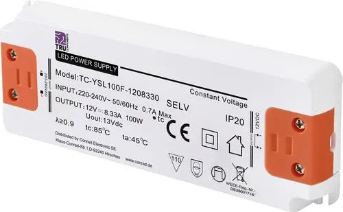 TRU COMPONENTS TC-YSL100F-1208330 LED-Trafo 100 W - Lampenzubehör mit Konstantspannung von 12 V/DC, ideal für sichere Beleuchtungslösungen dank SELV Schutzklasse II und Möbelzulassung.