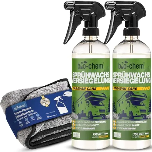 bio-chem Sprühwachs Versiegelung 2x 750 ml inkl. Poliertuch I Flüssiges Carnauba Wachs zur Lackversiegelung für alle KFZ wie Auto, Caravan und Motorrad I Strahlender Glanz und Langzeit-Schutz