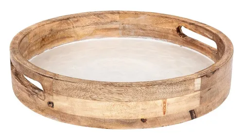 levandeo Tablett 35cm Rund aus Mango Holz - Servierplatte aus Mangoholz mit glänzender Emaille-Beschichtung, ideal für stilvolle Dekorationen oder zum Transport von Speisen.