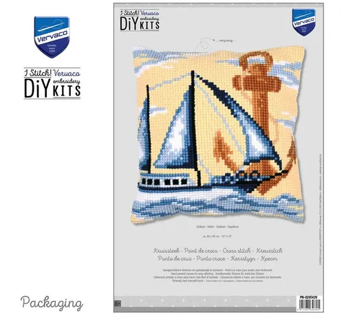 Vervaco Kreuzstich-Kissen-Set Segelboot – 40x40 cm - Kreatives Kreuzstich-Set mit handbemaltem Stramin und hochwertigem Garn. Ideal für individuelle Wohnaccessoires. Größe: 40 x 40 cm, ohne Kissenrücken und Füllung.
