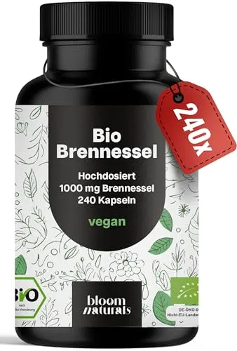 Bio Brennesselkapseln Hochdosiert – 240 vegane Kapseln – 1000 mg Brennnessel pro Tagesportion – aus kontrolliert biologischem Anbau – produziert in Deutschland