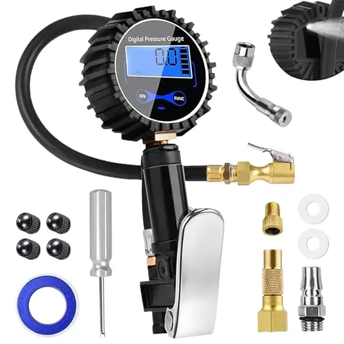 Luftdruckprüfer Reifenfüller Set, 3~200PSI Digitaler Reifenfüller Geeicht mit 20 Stück Zubehör, Multifunktional Digitaler Reifendruckmesser mit LCD-Bildschirm für Auto Motorrad Fahrrad Fahrzeug