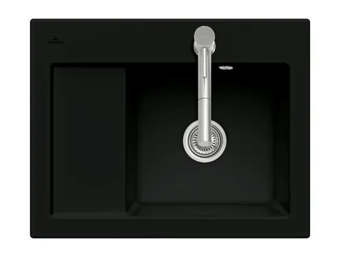 Villeroy & Boch Subway 45 Compact Keramikspüle - Sanitäranlagen & Zubehör, elegante Pure Black Ausführung mit Excenterbetätigung, ideal für moderne Küchen und platzsparende Unterschränke ab 45 cm.