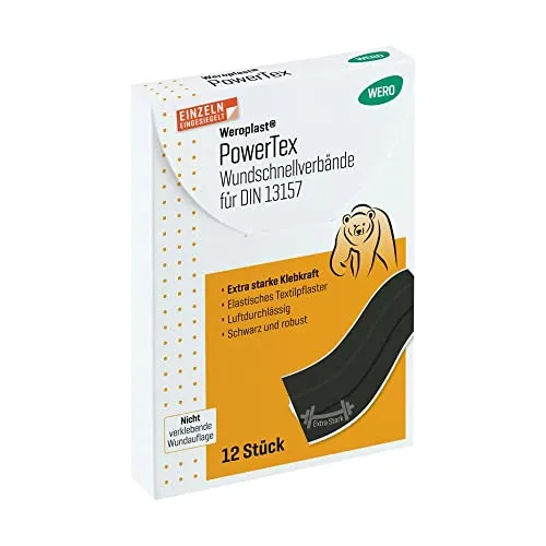 Weroplast® PowerTex Wundschnellverbände DIN 13157 – 12 Stk - Extra starke Klebkraft & schwarzes Textilgewebe - Längs- & querelastisch, robust & luftdurchlässig